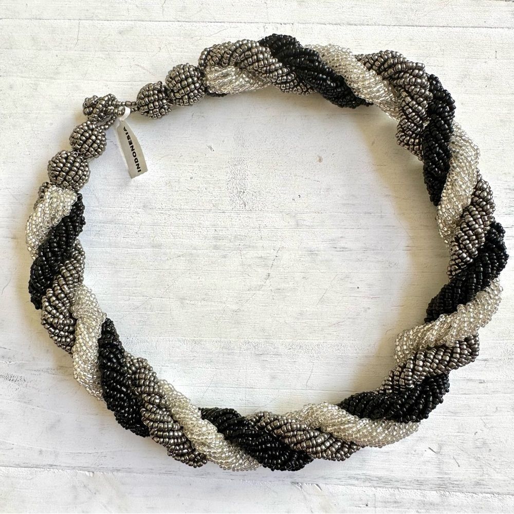Black and grey seed beaded twisted Indonesian necklace